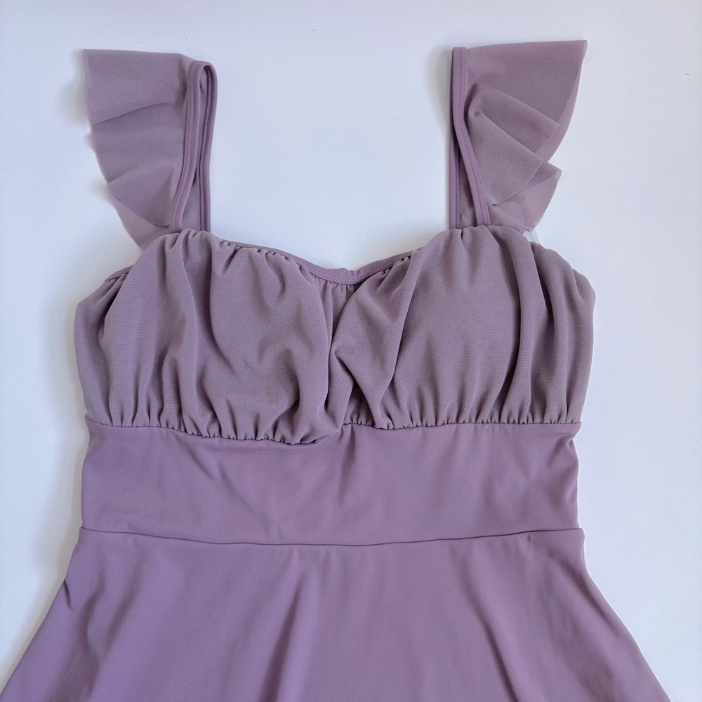 Halara Airy Softlyzero Ruffle Backless Lace Up Mesh Flare Mini Dress Elderberry - Picture 4 of 17
